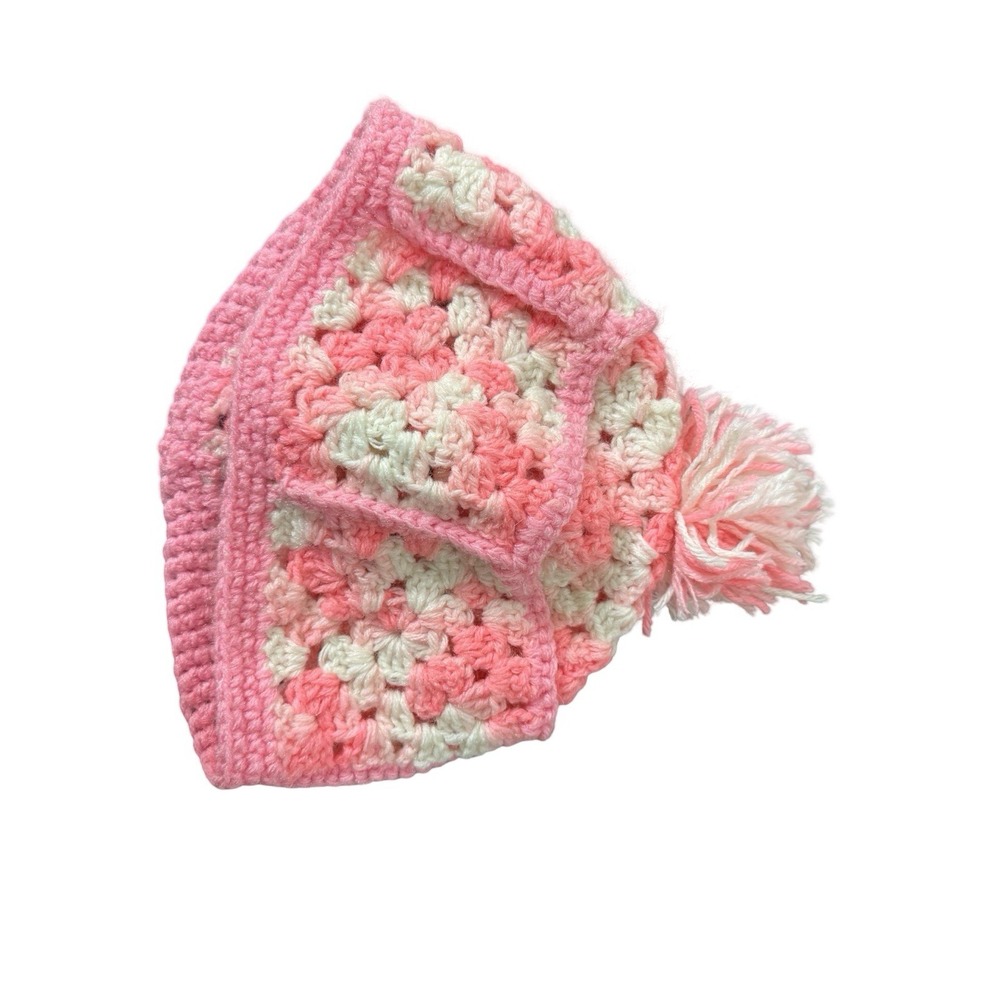Handmade Granny Square Pink & White Beanie Hat
